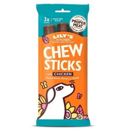 LILY\'S KITCHEN - Chew Sticks - 3 Sticks à mâcher Poulet avec Beurre de Cacahuète, Banane & Mangue