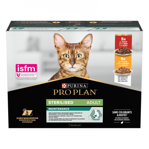 PURINA PROPLAN - Adulte St�rilis� Maintenance Morceaux en Sauce BOEUF + POULET (10x85g.)